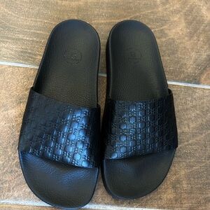 Balmain Black Embossed Slide Sandals